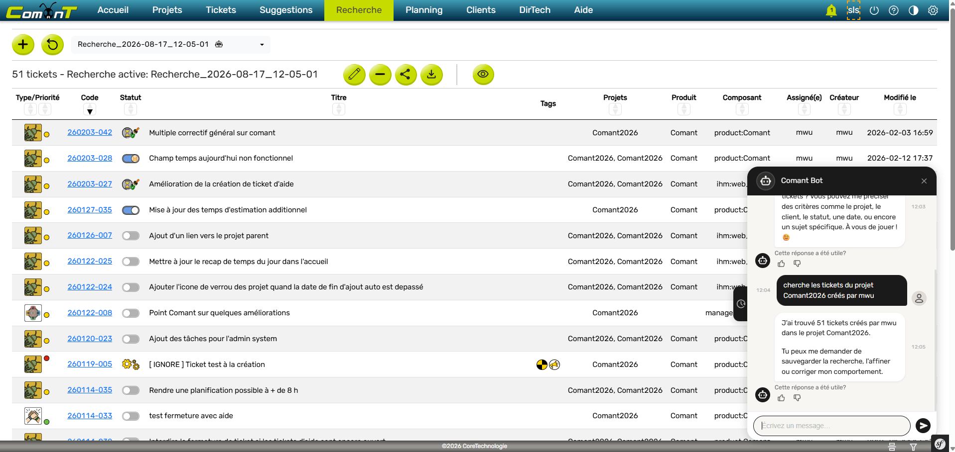 Comant chatbot ticket research