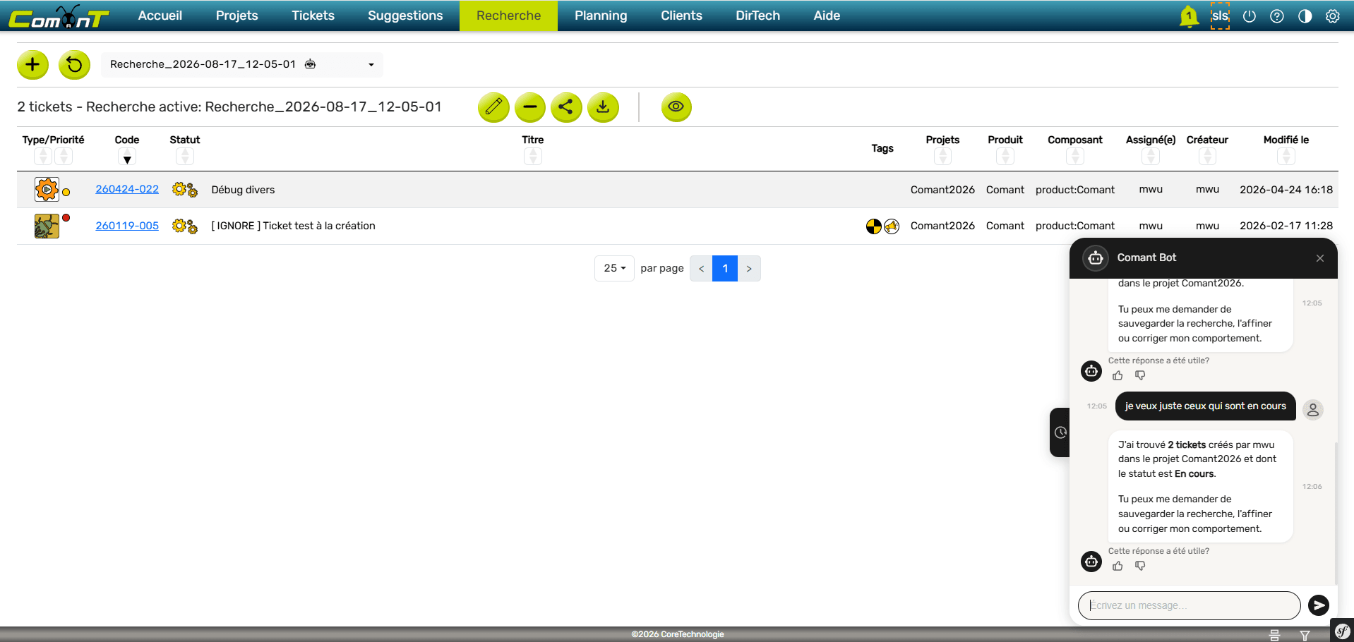 Comant chatbot ticket research affinage