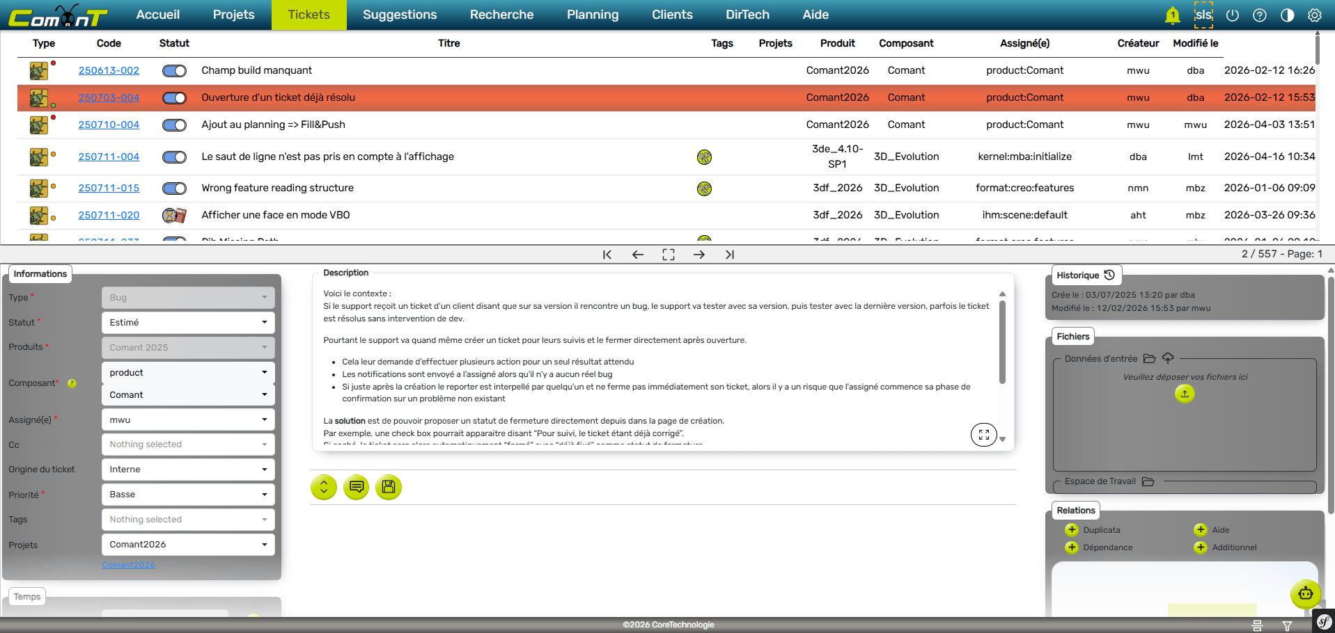 Comant multiview ticket's list and details