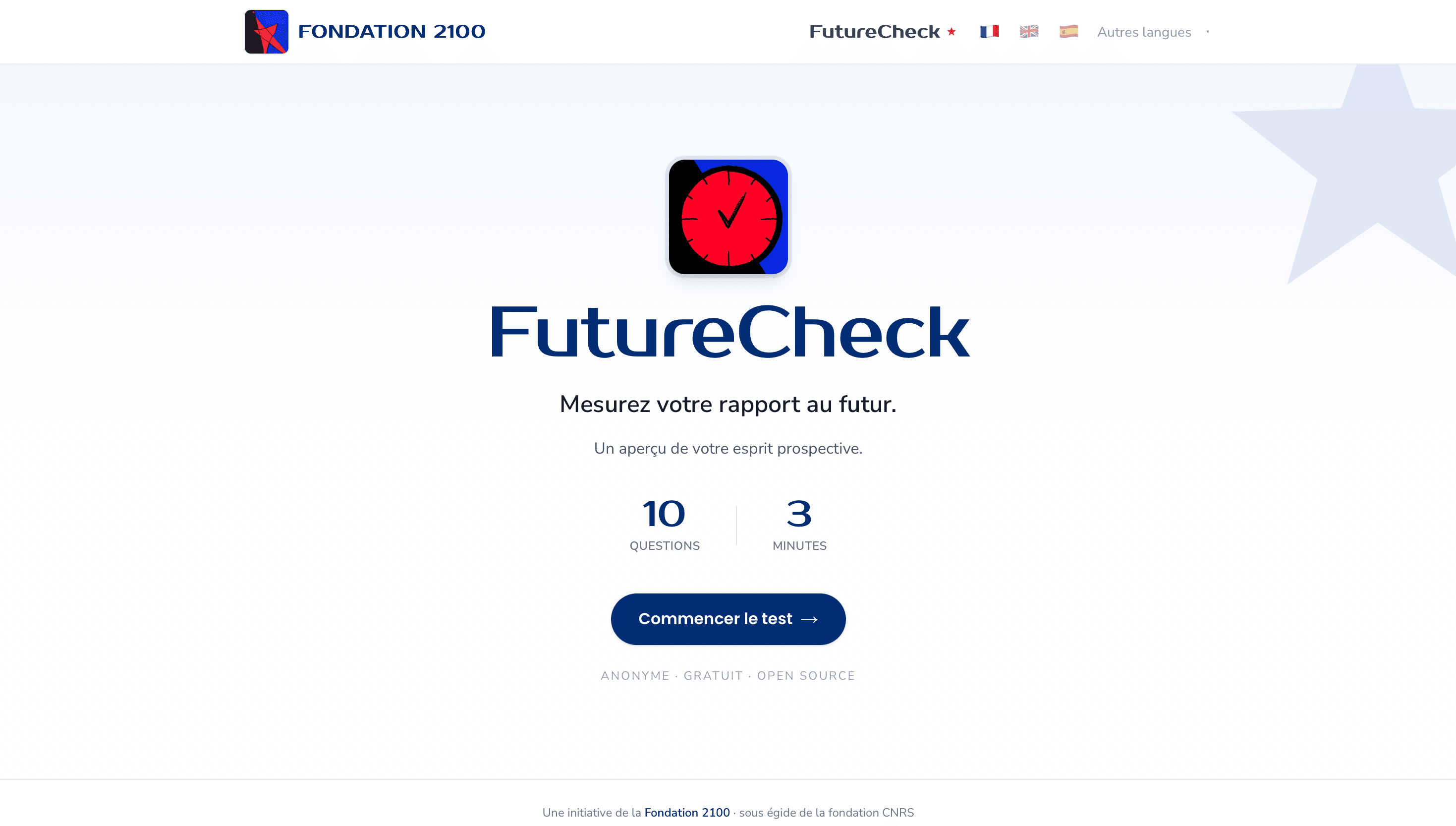 FutureCheck introduction screen with the Fondation 2100 branding, the test overview and the "Commencer le test" button