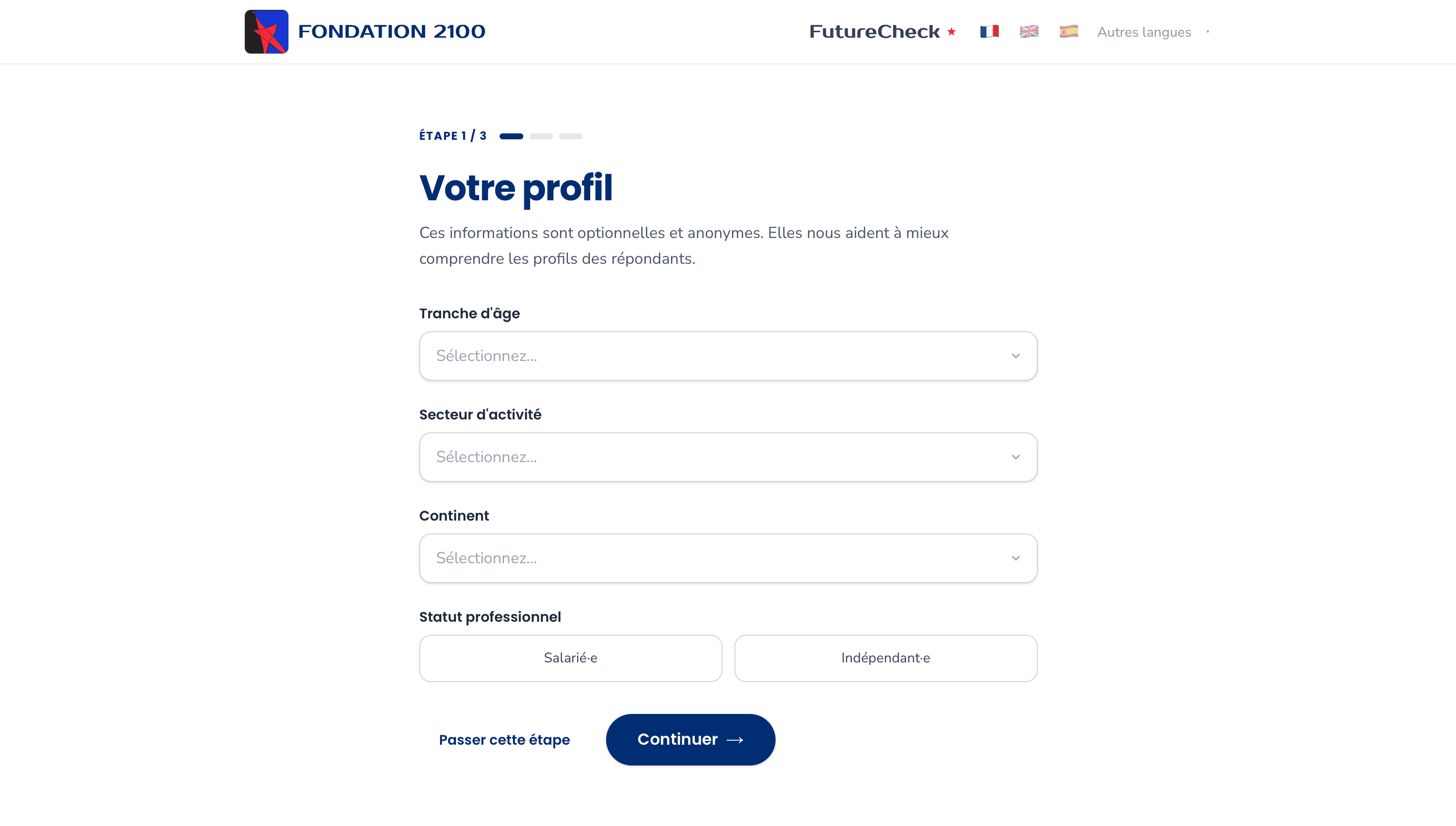 Optional profile step asking for age range, sector of activity, continent and professional status